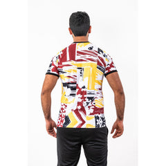 ESPÉRANCE SPORTIVE DE TUNIS POLYESTER PRE-MATCH JERSEY WITH ABSTRACT RED, YELLOW, AND BLACK 1919 ORNAMENTS