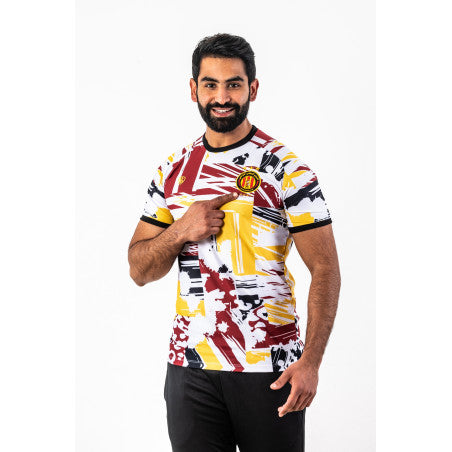 ESPÉRANCE SPORTIVE DE TUNIS POLYESTER PRE-MATCH JERSEY WITH ABSTRACT RED, YELLOW, AND BLACK 1919 ORNAMENTS